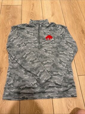 Antigua Gray Camouflage Quarter-Zip Pullover with Red Buffalo Bills Logo